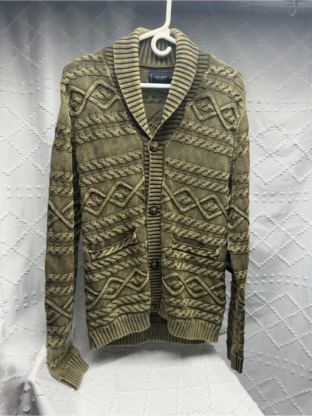 Lucky Brand Men's Cable Knit Cardigan Shawl Collar Olive Green - Size Medium